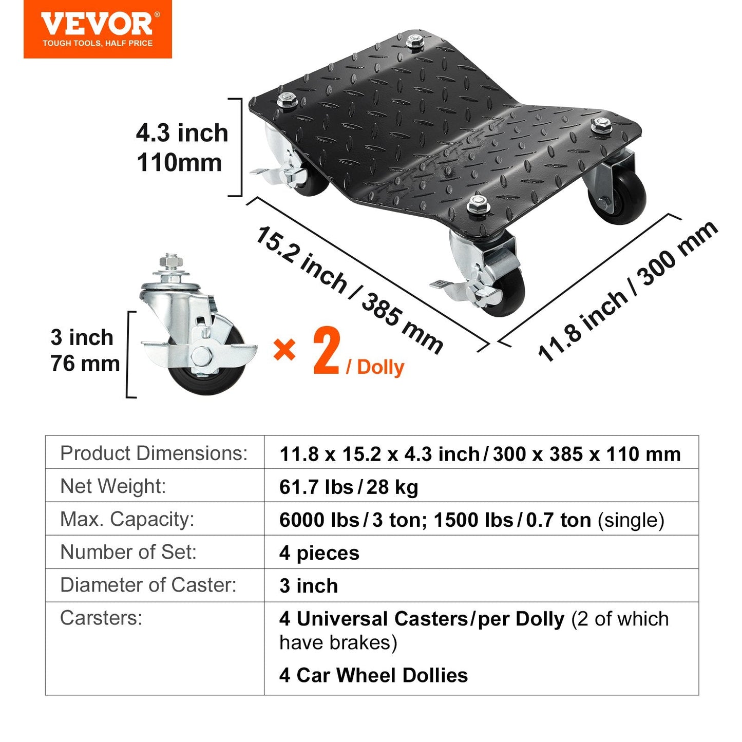 Heavy Duty Car Tire Dolly Set, 4 PCS, 2722 kg Capacity, 0-305 mm Width