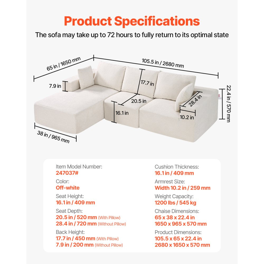 Modular Sectional Sofa L Shaped Cloud Couch with Chaise and Cushion Beige