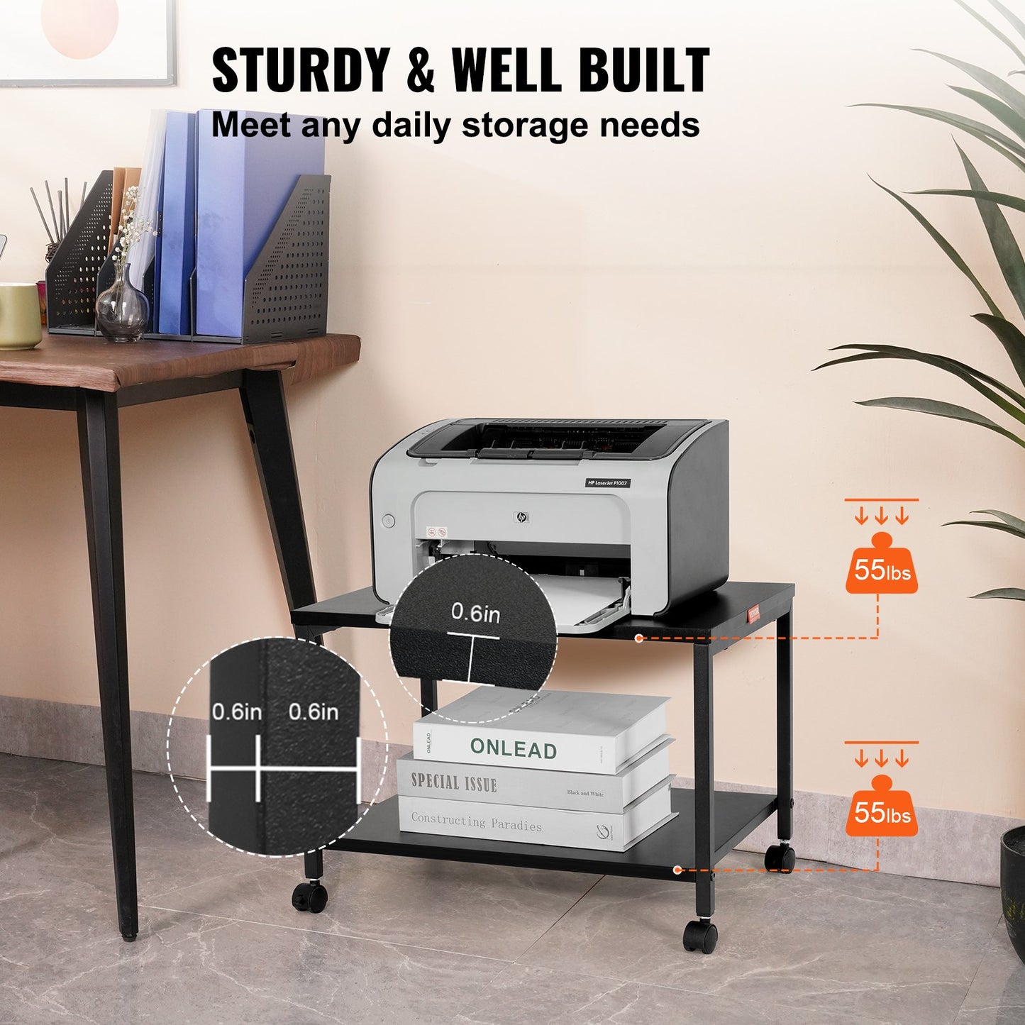 VEVOR Printer Stand 2-Tier Rolling Printer Cart with Wheels and Storage Shelves