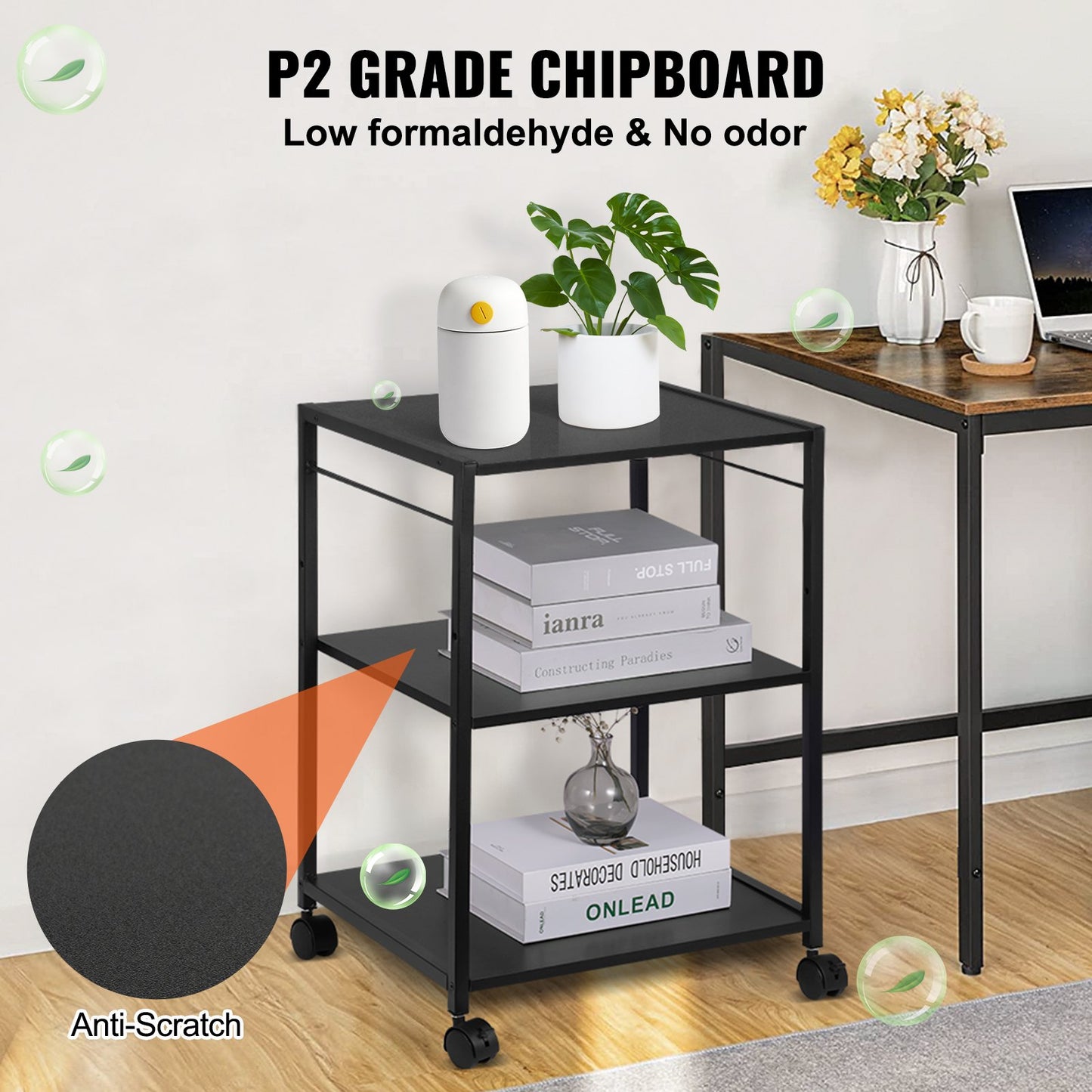 VEVOR Printer Stand 3-Tier Rolling Printer Cart with Hooks and Storage Shelves