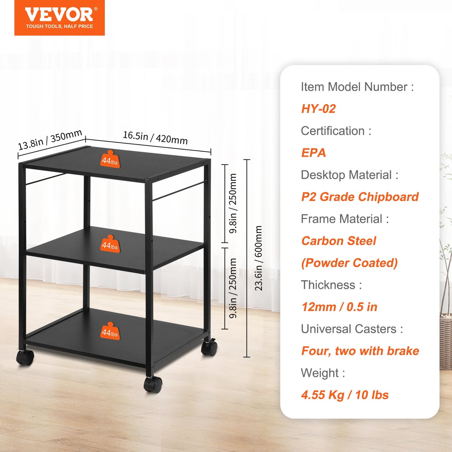 VEVOR Printer Stand 3-Tier Rolling Printer Cart with Hooks and Storage Shelves
