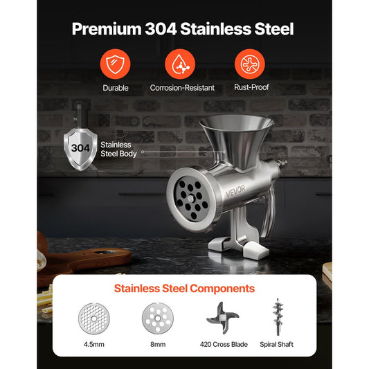 Manual Meat Grinder Mincer Sausage Stuffer Table Clamp 304 Stainless Steel