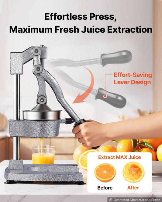 Manual Citrus Juicer, 395mm Tall Hand Press Orange Juicer, Manual Fresh Juice Extractor for Lemon Pomegranate Grapefruit, Heavy-Duty Cast Iron, Easy to Clean, Home & Commercial Use, Silver Gray