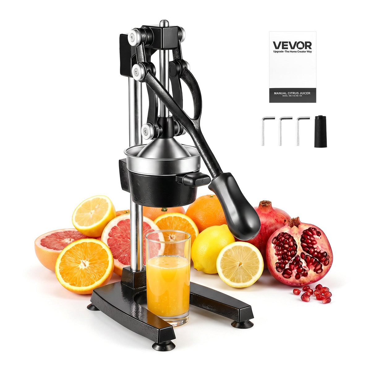 Manual Citrus Juicer, 480mm Tall Hand Press Oranges Juicer, Manual Fresh Juice Extractor for Lemon Pomegranate Grapefruit, Heavy-Duty Cast Iron, Easy to Clean, Home & Commercial Use, Black