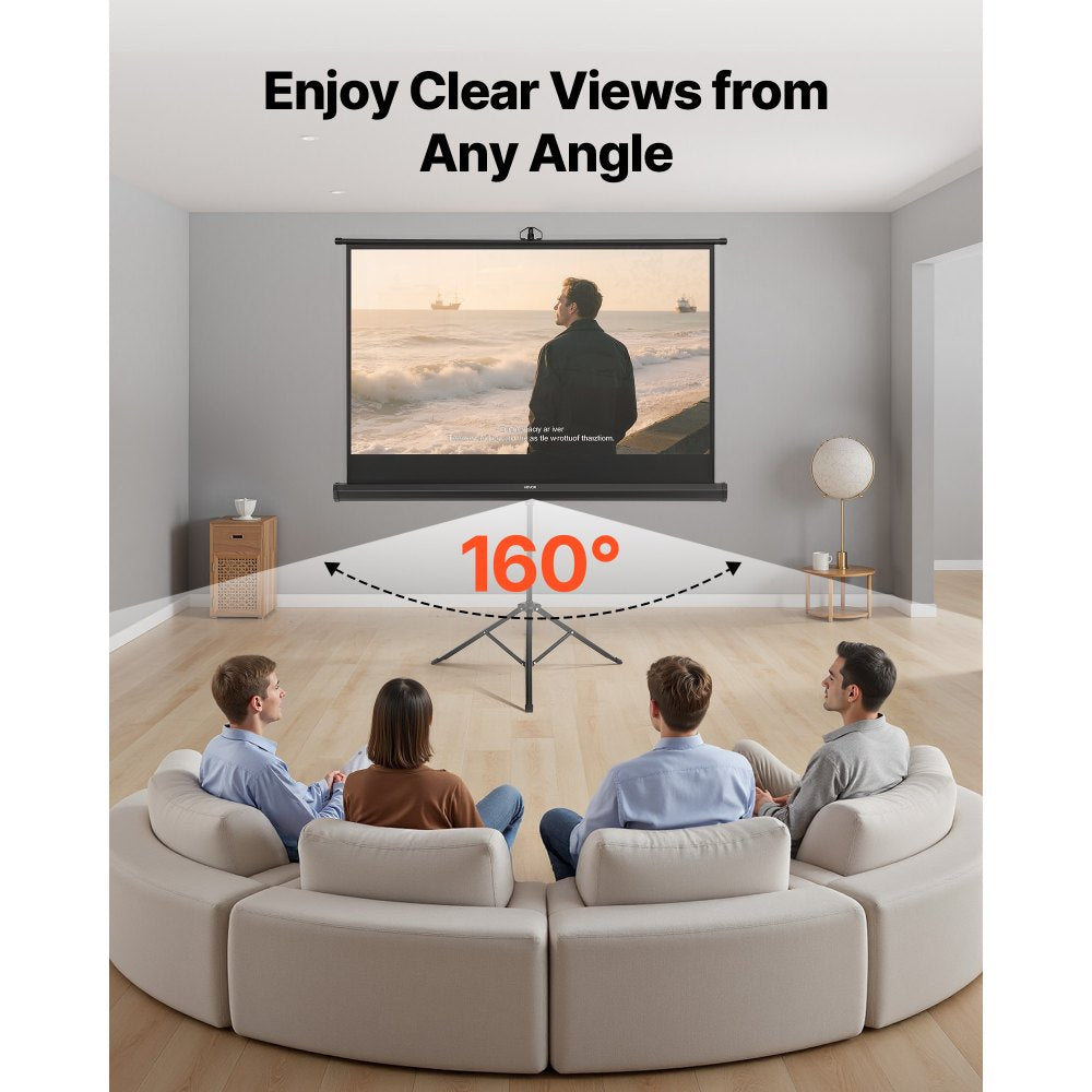 Tripod Projector Screen with Stand 60 Inch 160° Wide Angle 4K HD 16:9