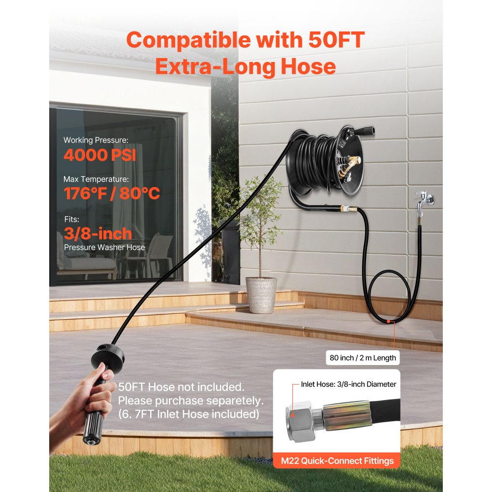 Pressure Washer Hose Reel 15.2m x 9.5mm Steel Wall Floor Mount 4000PSI