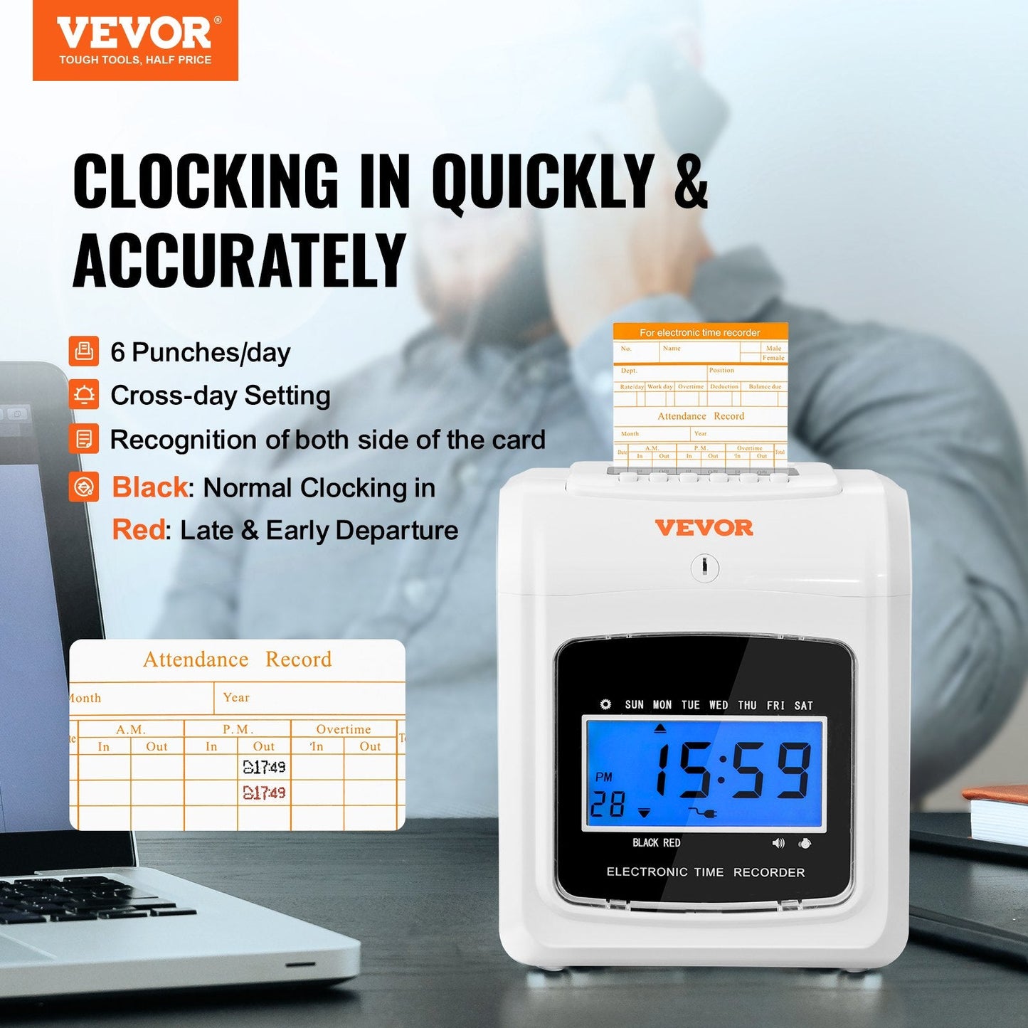Employee Time Clock with 6 Punches/Day, Includes 102 Cards & Ink Ribbon