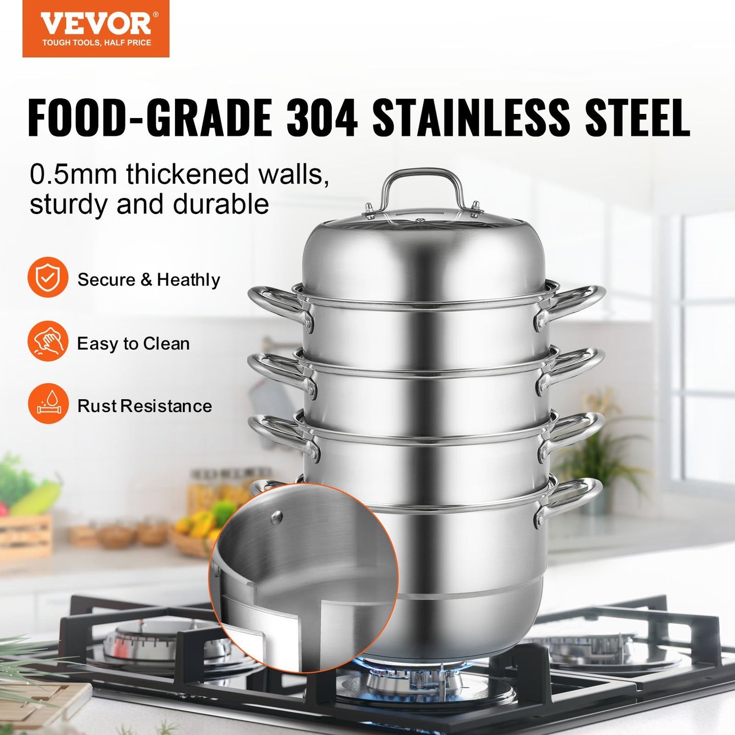5-Tier Stainless Steel Dumpling Steamer, 30cm Diameter, Multi-Stove Compatible