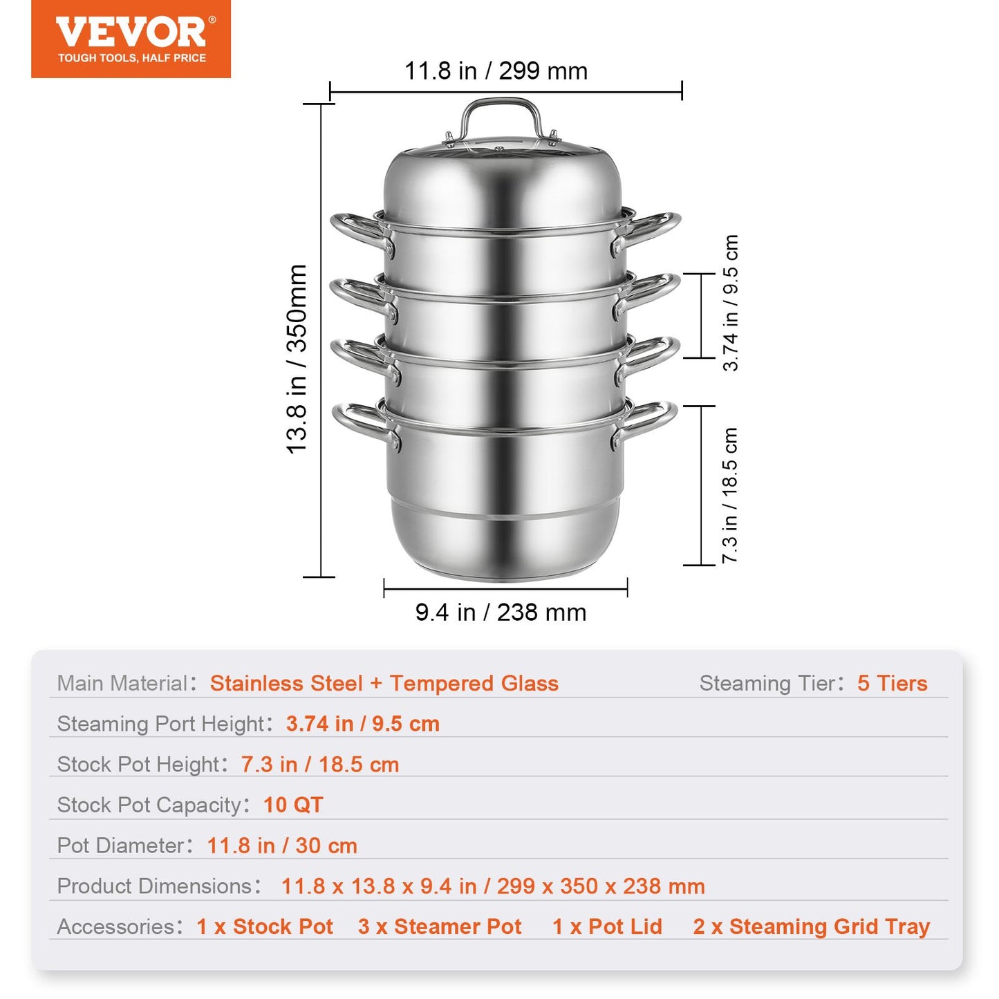 VEVOR Dumpling Steamer Stainless Steel 5 Titer for for Cook Soup, Noodles, Fishes