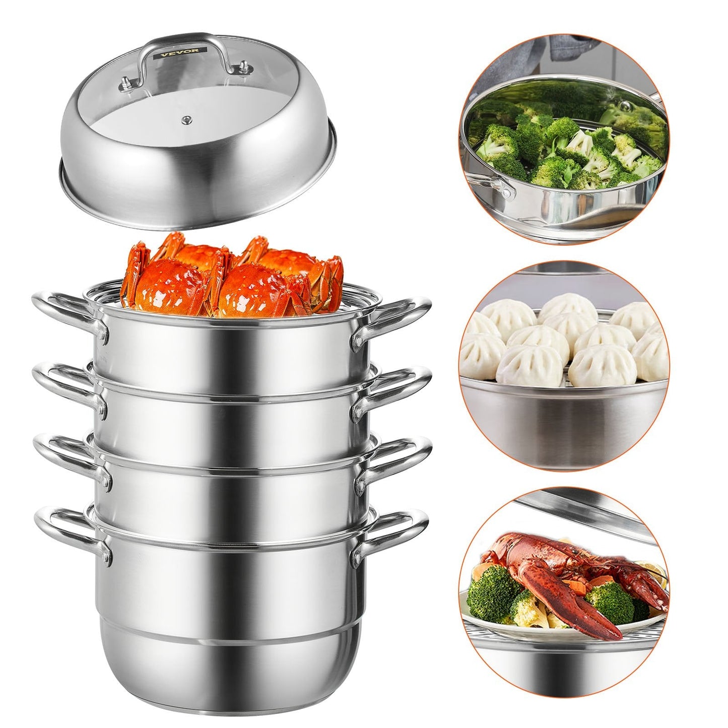 5-Tier Stainless Steel Dumpling Steamer, 30cm Diameter, Multi-Stove Compatible