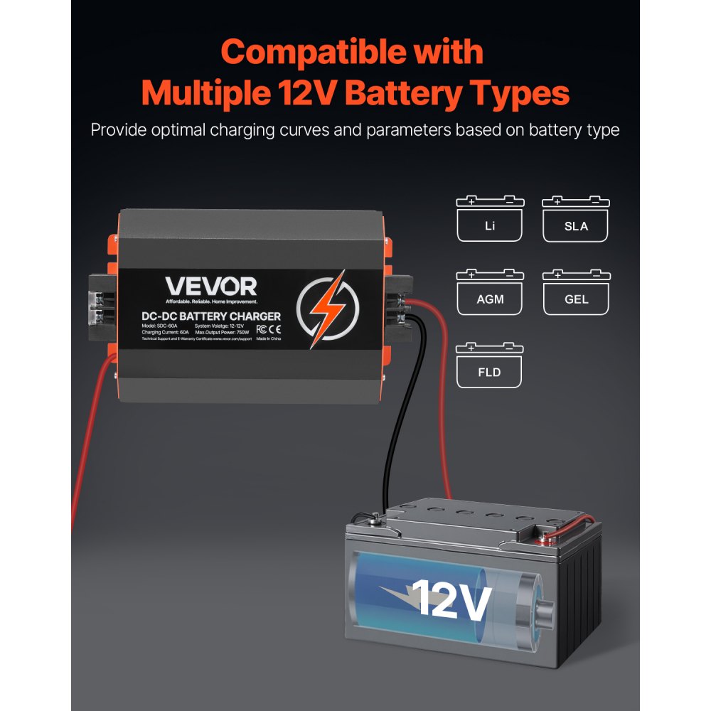 VEVOR 12V 60A DC to DC Charger Battery Charger 750W for Lead-Acid Lithium AGM