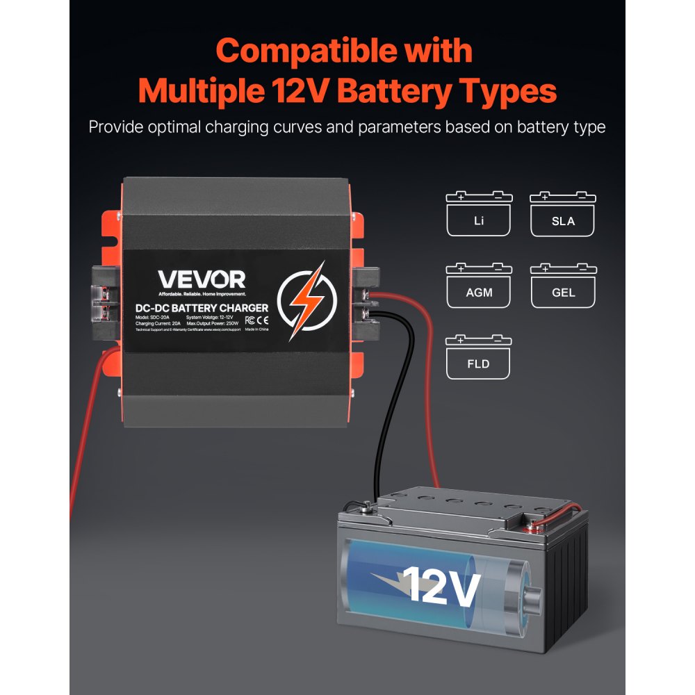 VEVOR 12V 20A DC to DC Charger Battery Charger 250W for Lead-Acid Lithium AGM