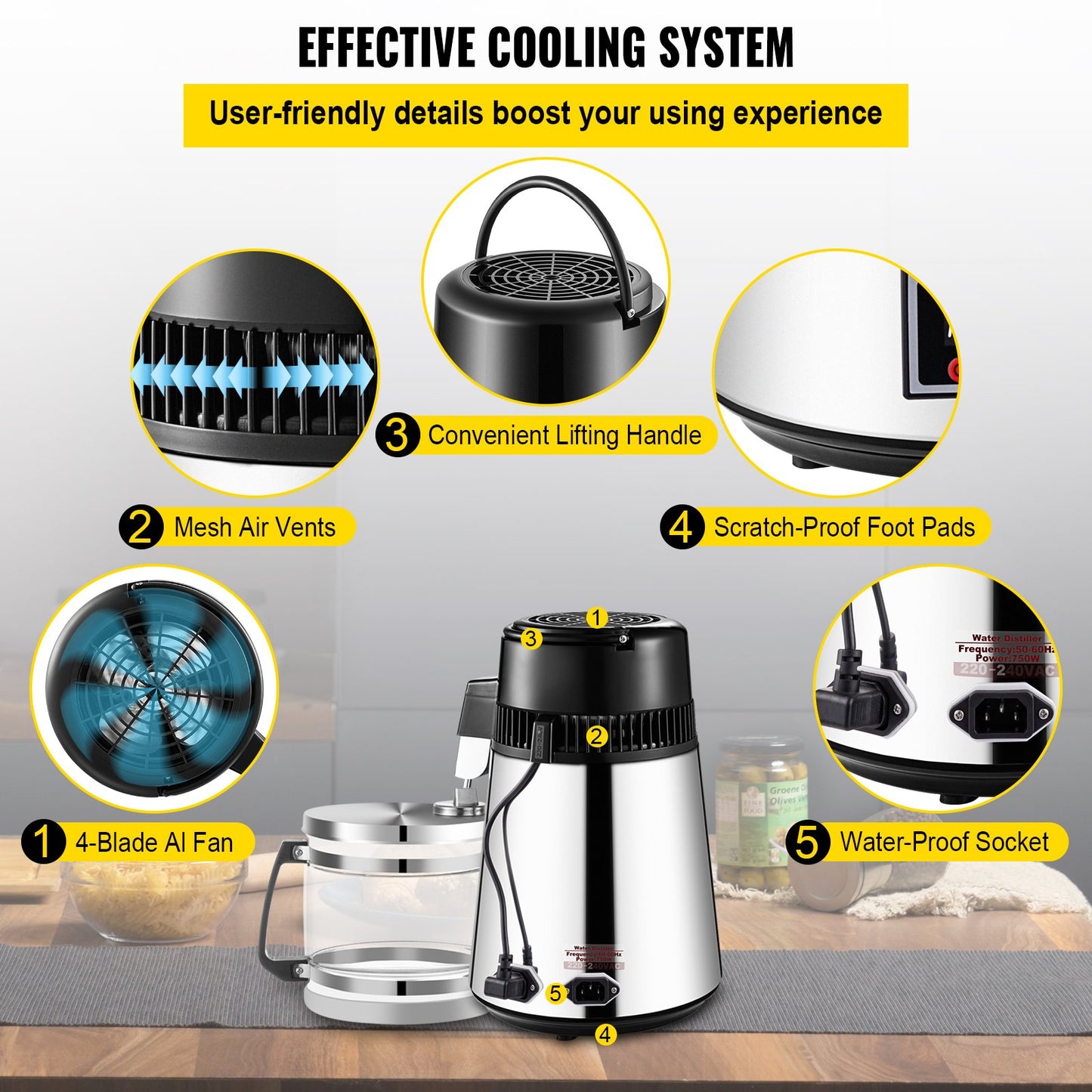 VEVOR 1.1 Gal Water Distiller, 0.3 Gal/H, 750W Distilled Water Maker Machine 0-99H