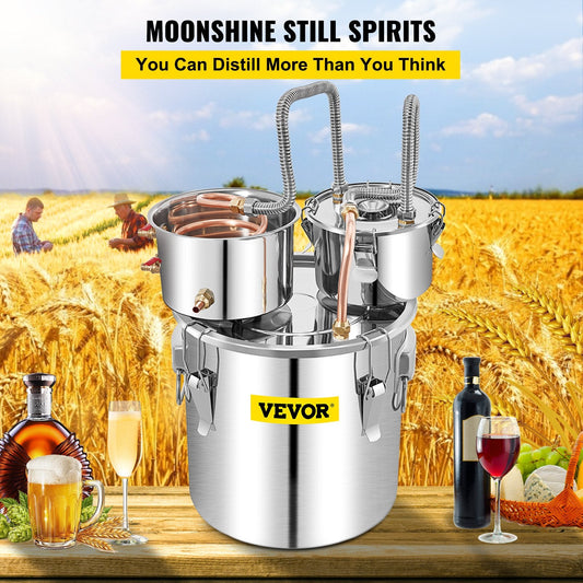 Large 13.2-gallon alcohol distiller features food-grade stainless steel and copper components for home use