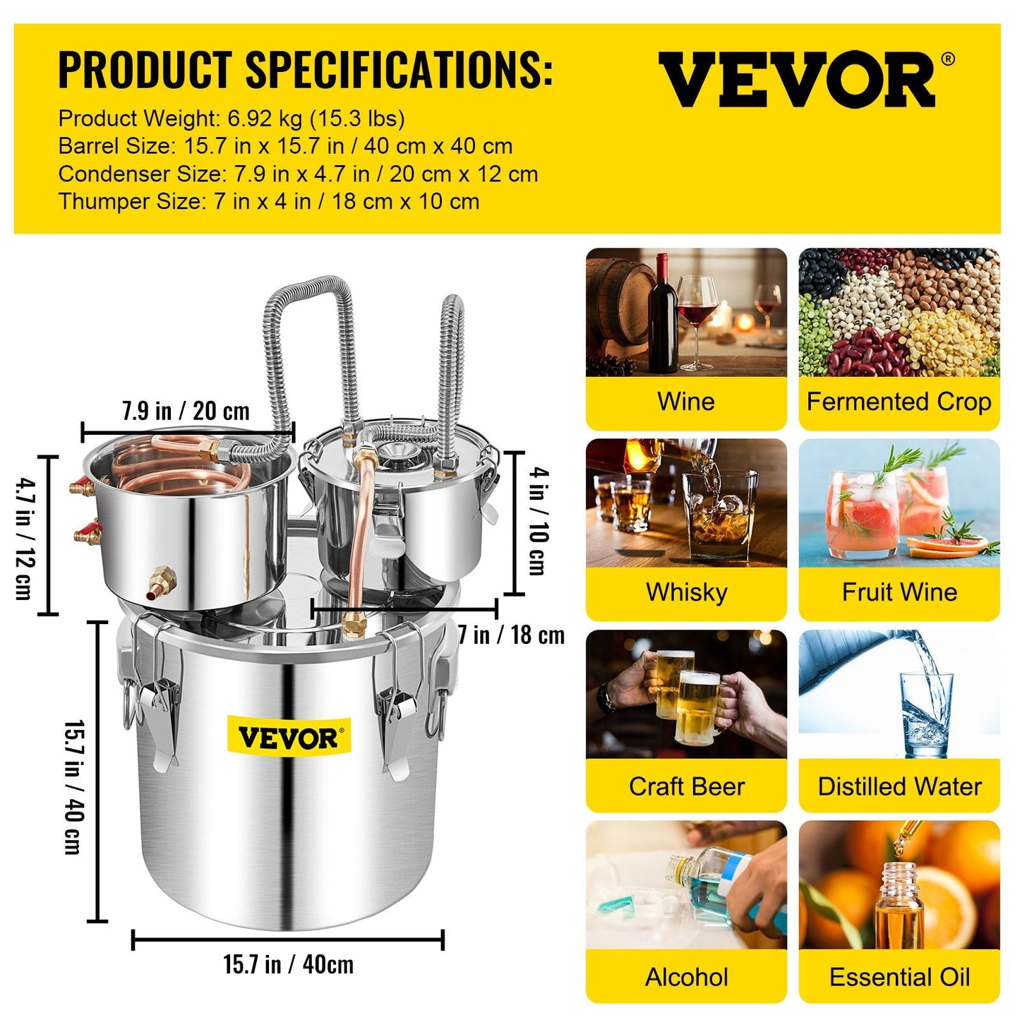 50L Alcohol Distiller with Thumper Keg & Water Pump, Stainless Steel & Copper