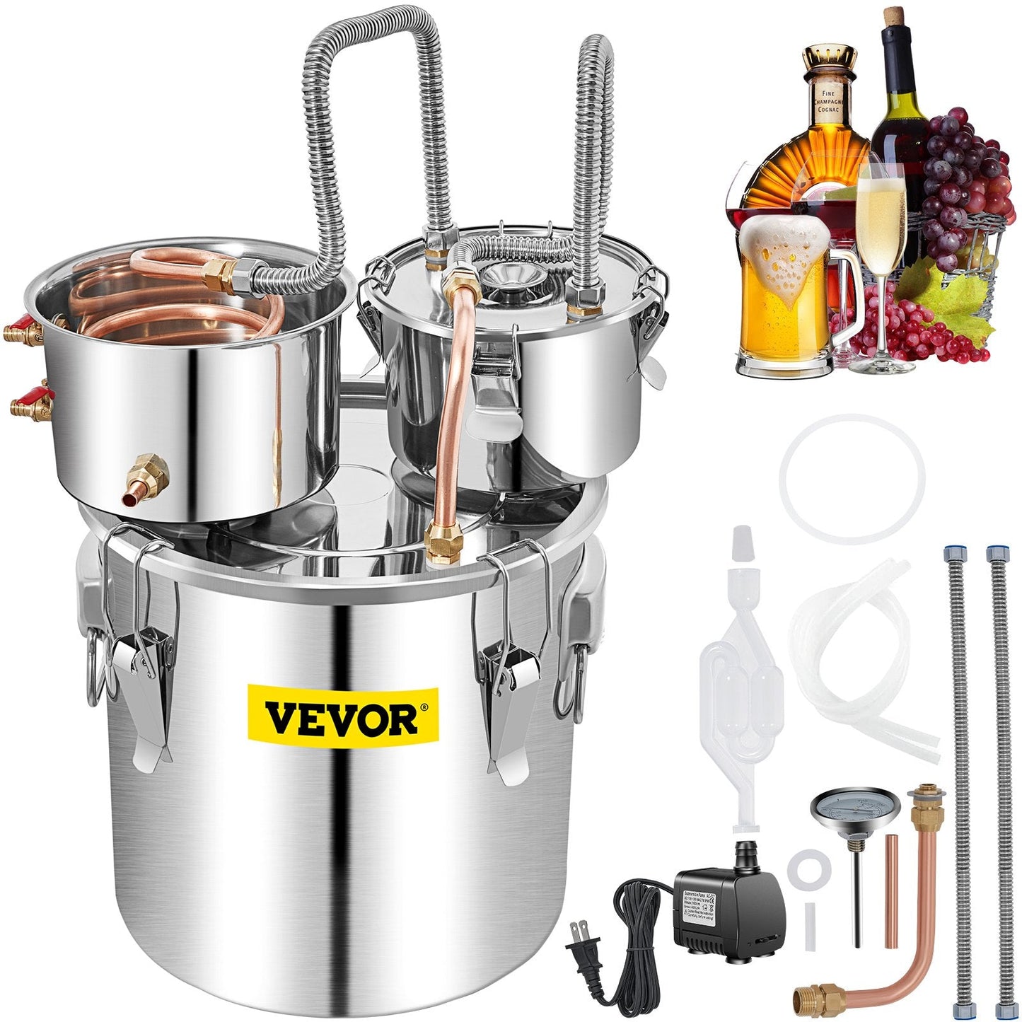 50L Alcohol Distiller with Thumper Keg & Water Pump, Stainless Steel & Copper