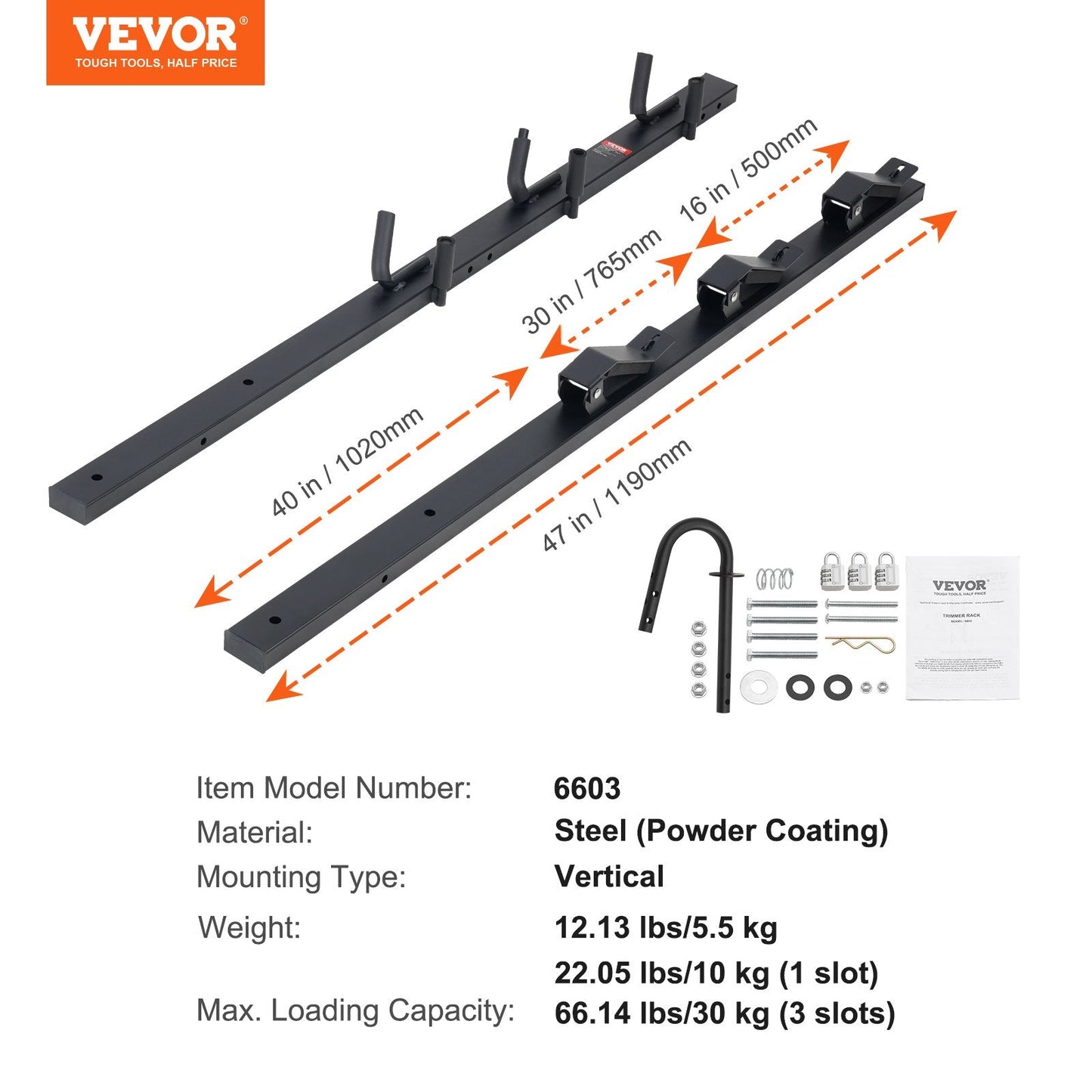 3-Slot Locking Trimmer Rack for Trailers, 10 kg Capacity per Slot, Steel Construction