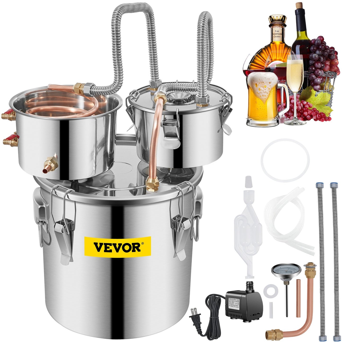 VEVOR 3 Pot 12L Alcohol Distiller Water Wine Boiler Home Brew Moonshinestill