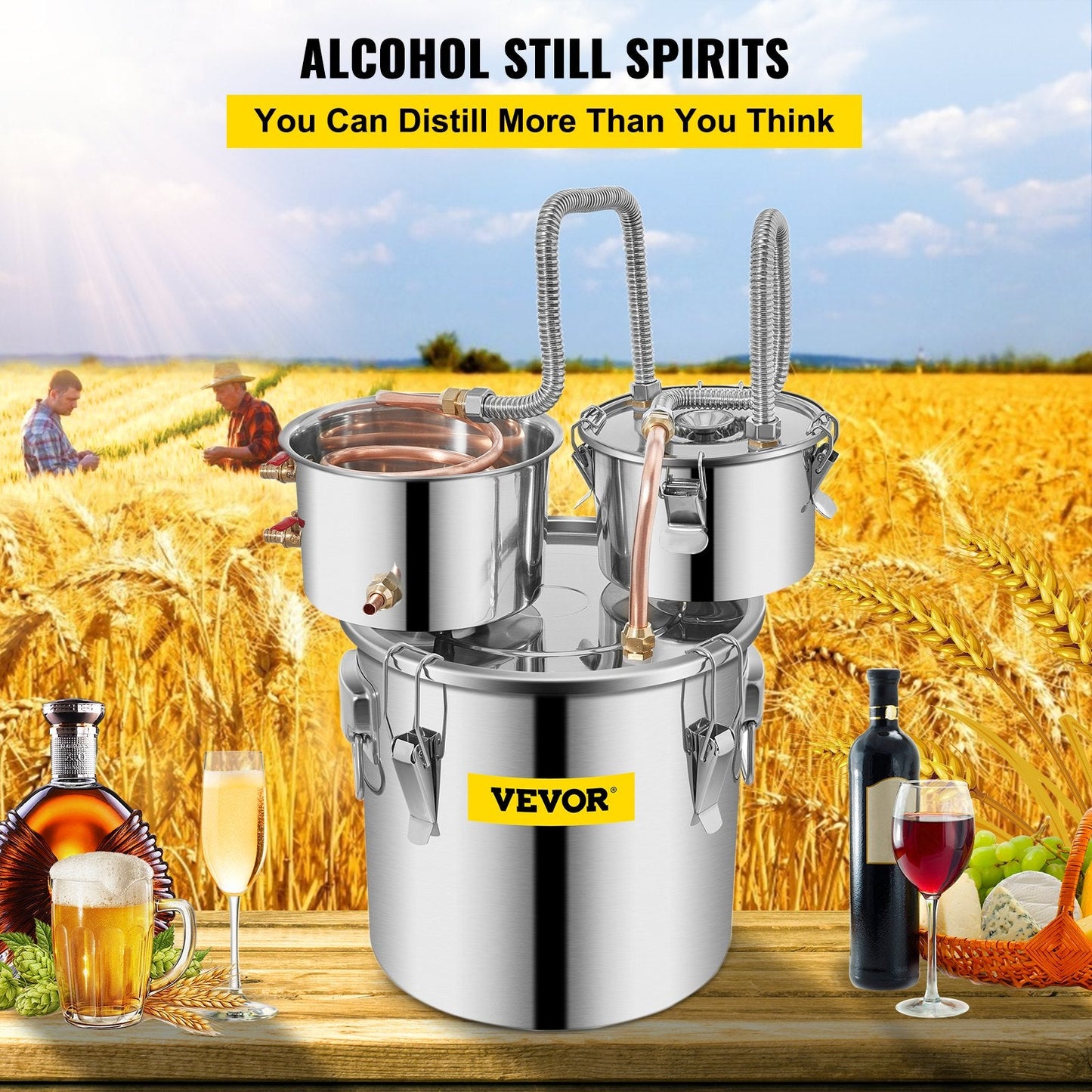 5 Gal 21L Stainless Steel Alcohol Distiller with Copper Coil & Thermometer