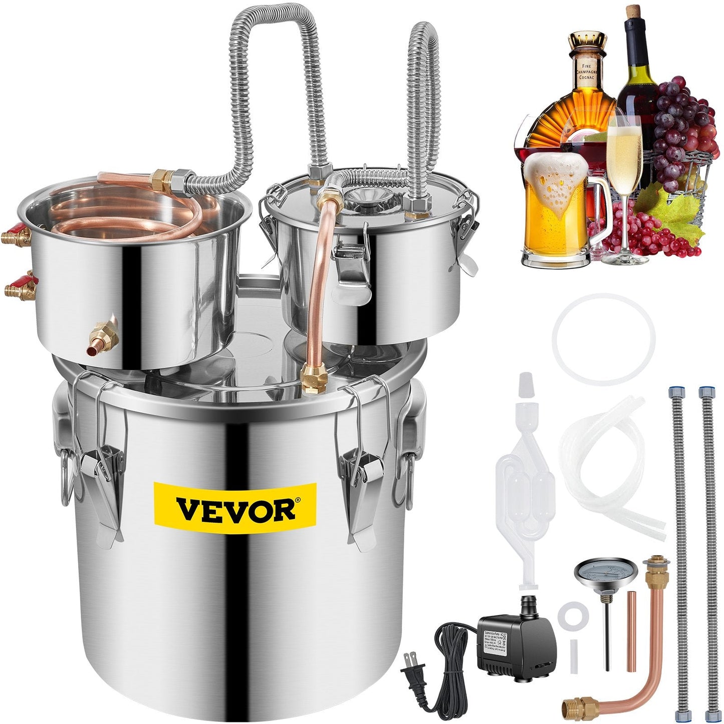 5 Gal 21L Stainless Steel Alcohol Distiller with Copper Coil & Thermometer