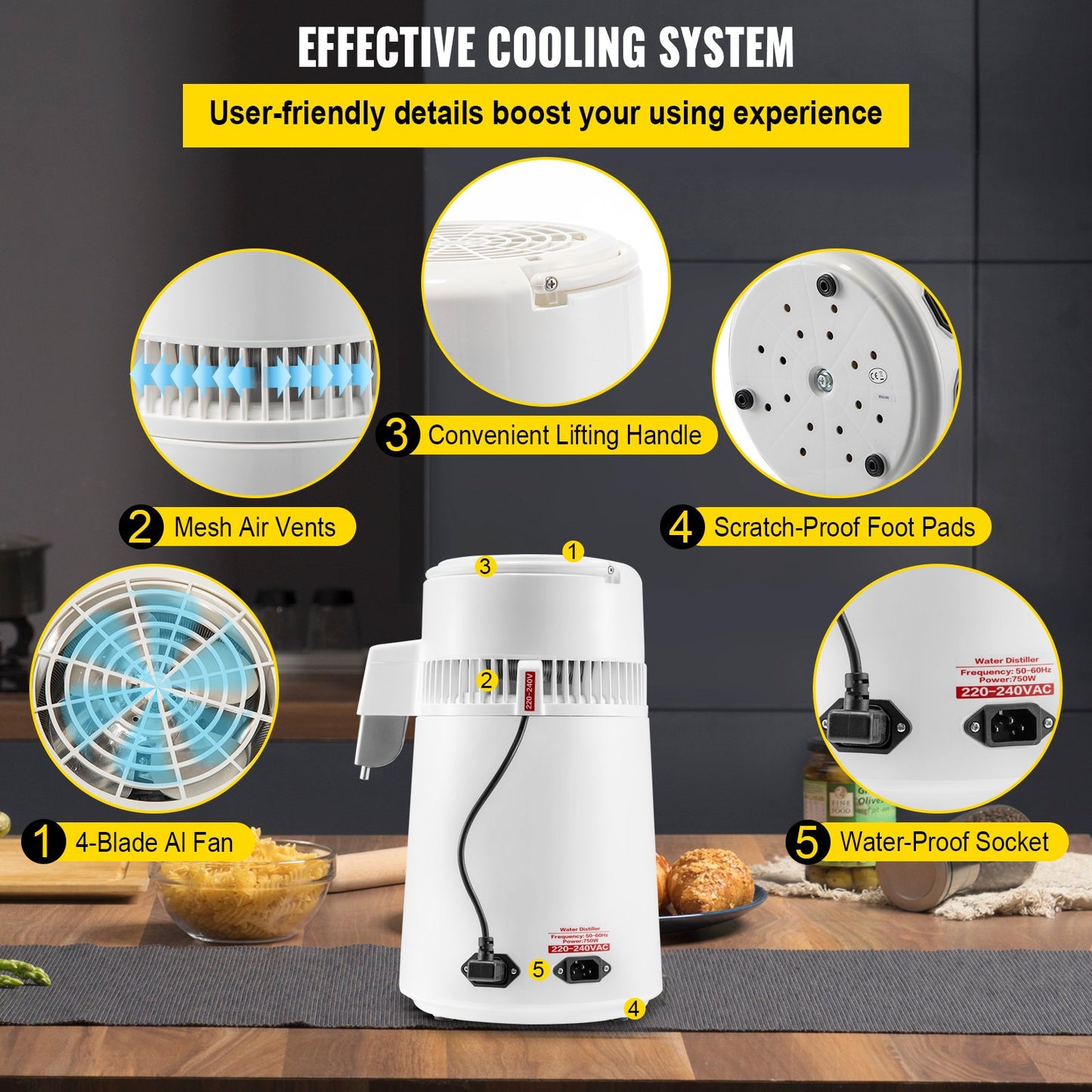 VEVOR Home Water Distiller Distilled Water Maker 4L with Dual Temp Display White