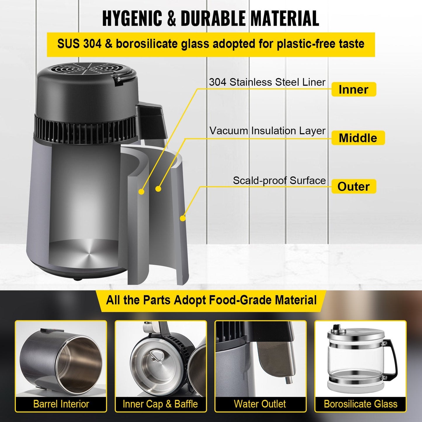 Home Water Distiller 4L with Dual Temp Display and Carbon Filters, Grey