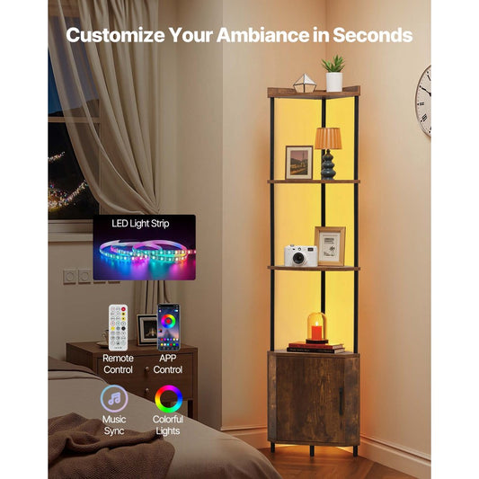 VEVOR 5 Tier Corner Shelf Tall Corner Stand with LED Light & Doors Narrow Rack