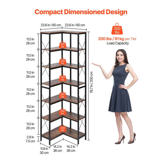 7 Tier Corner Bookshelf Tall Corner Bookcase Storage L-Shaped Organizer