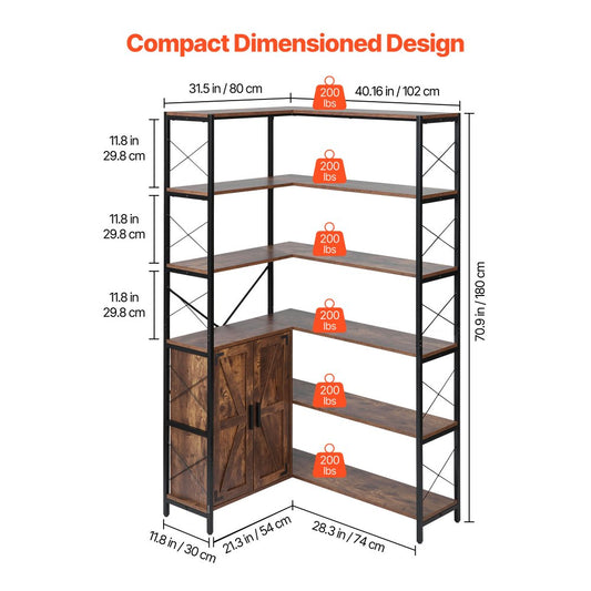 6 Tier Corner Bookshelf Tall Corner Bookcase with Doors L-Shaped Rack