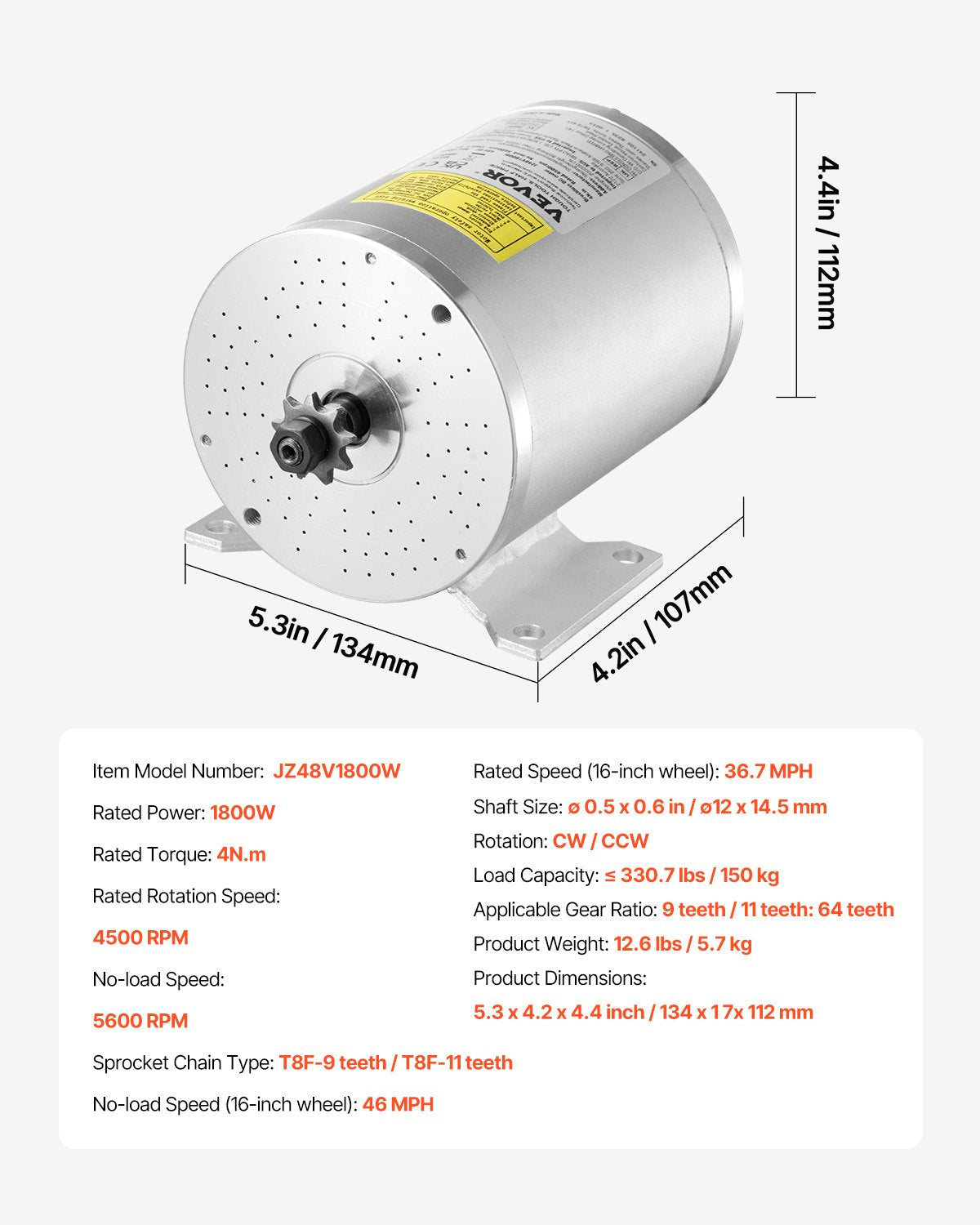 1800W Brushless DC Motor Kit 48V, 4500rpm & Speed Controller for E-Vehicles