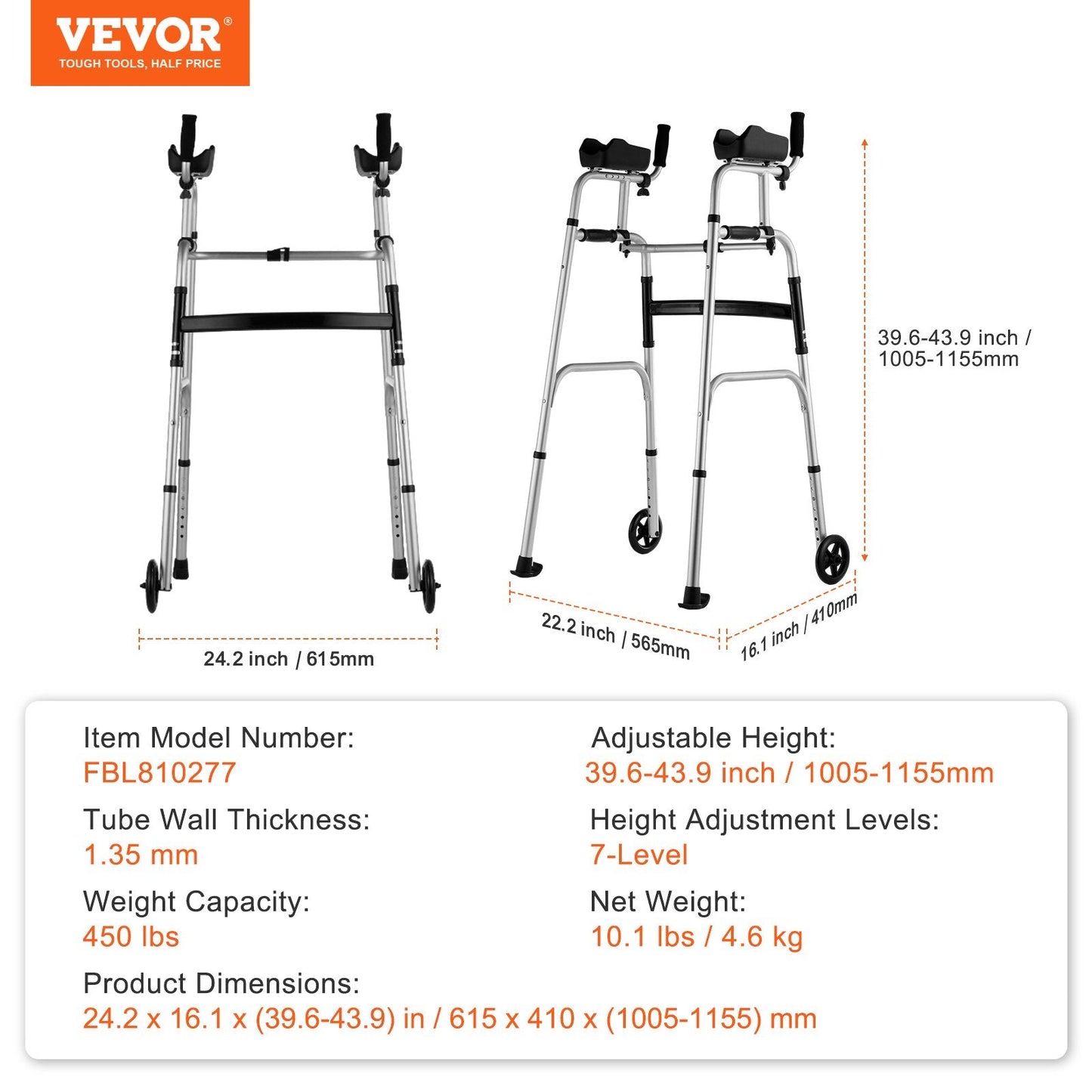 2-in-1 Adjustable Folding Walker with Armrest Pads & 0.13 m Solid Wheels