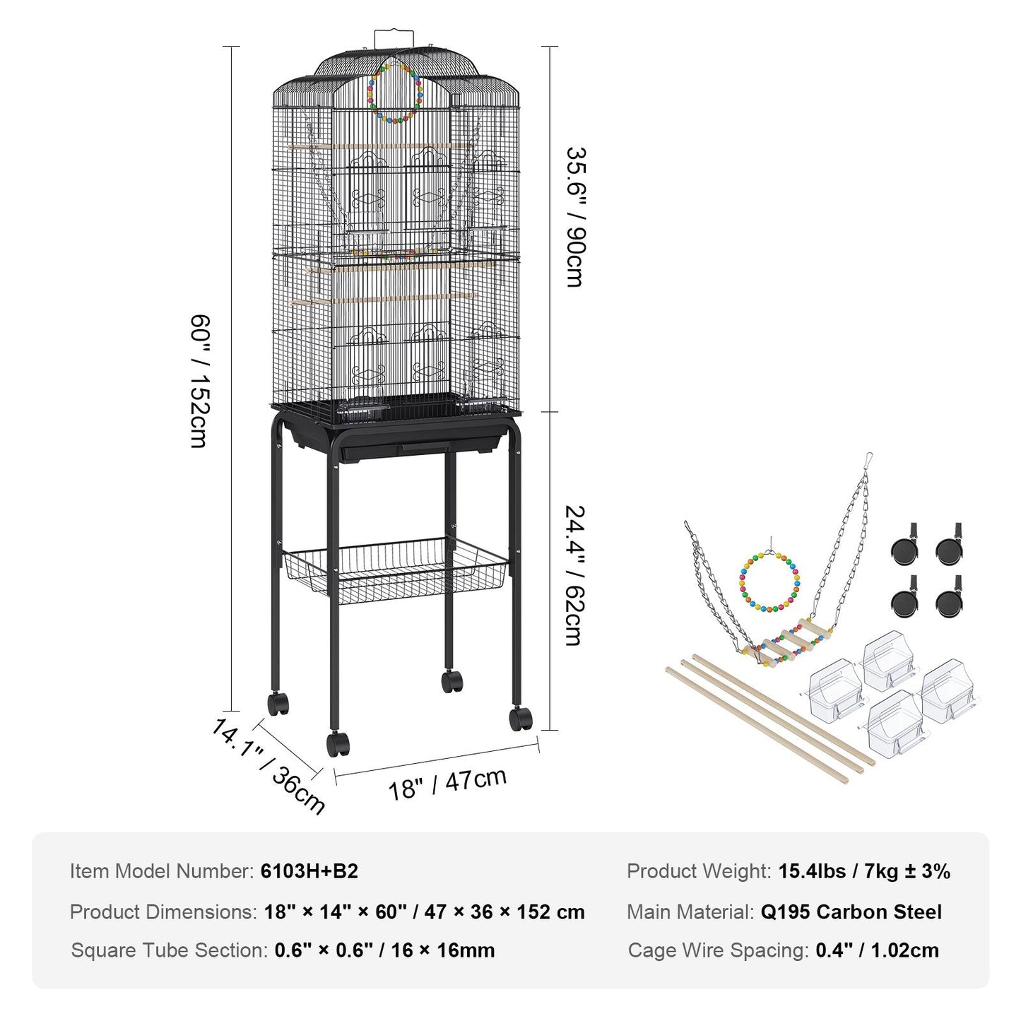 Large Metal Bird Cage for Parakeets & Cockatiels, 1.5m Tall, Sturdy Design