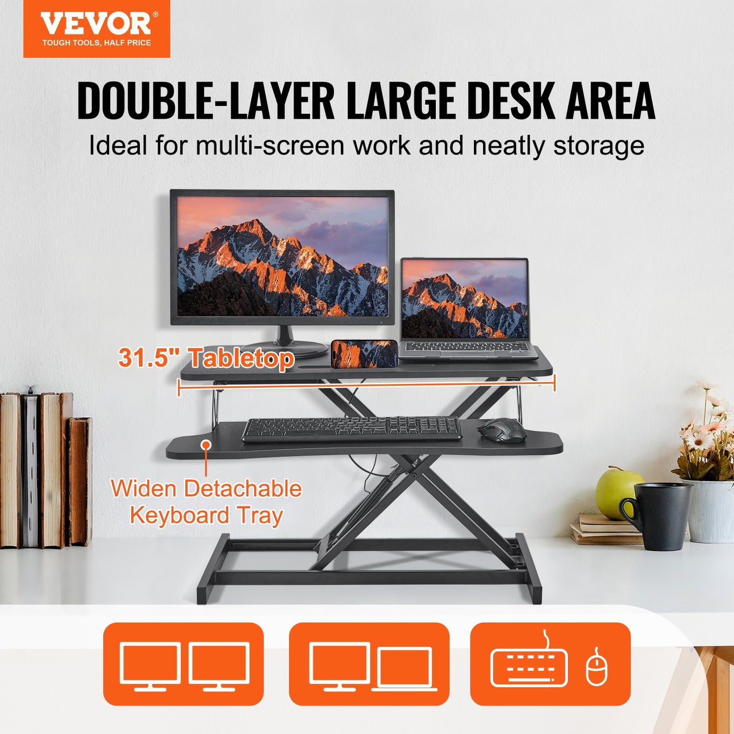 VEVOR Standing Desk Converter, Two-Tier Stand up Desk Riser, 800 mm Large Sit to