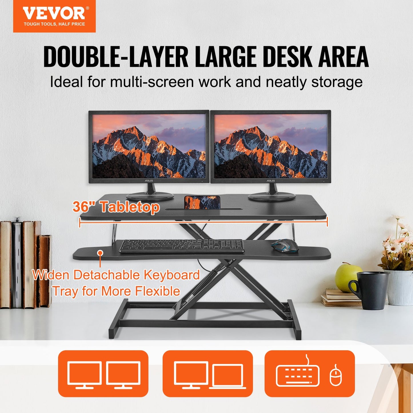 VEVOR Standing Desk Converter, Two-Tier Stand up Desk Riser, 915 mm Large Sit to