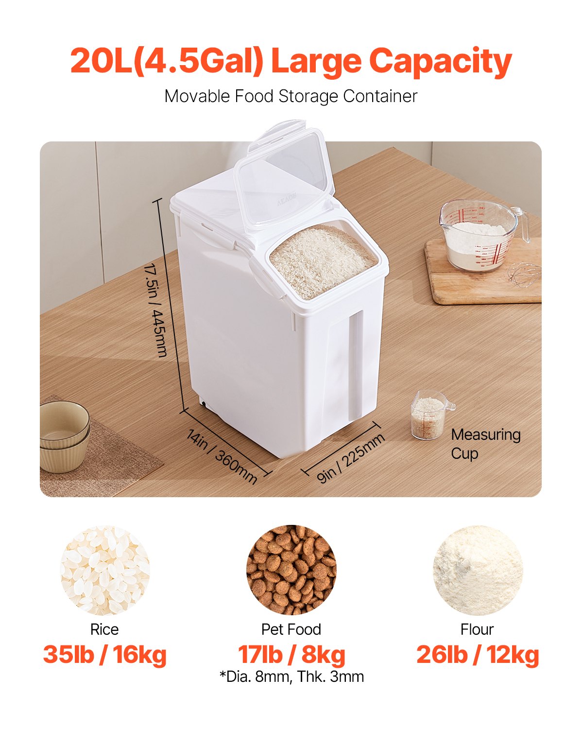 VEVOR 4.5Gal/20L Large Ingredient Storage Container Airtight Kitchen Flour Bin