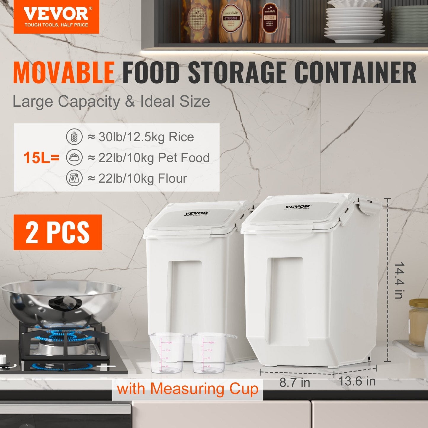 Dual 15L Ingredient Dispenser with Measuring Cups and Rollers, Airtight Lid