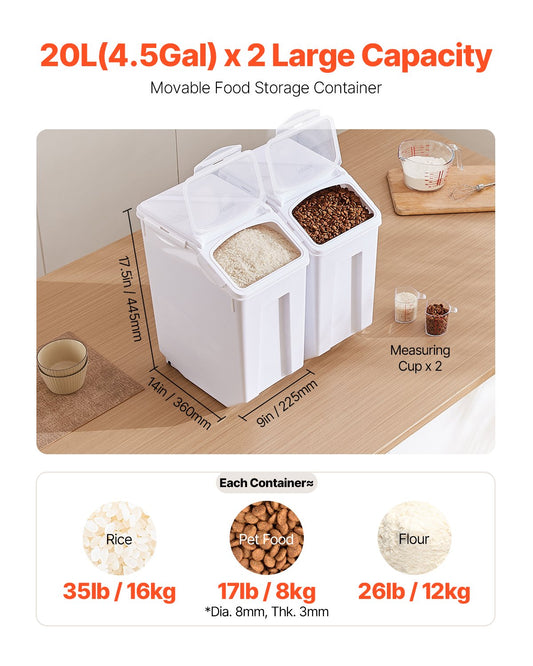 VEVOR 4.5Gal/20Lx2 Large Ingredient Storage Container Airtight Kitchen Flour Bin