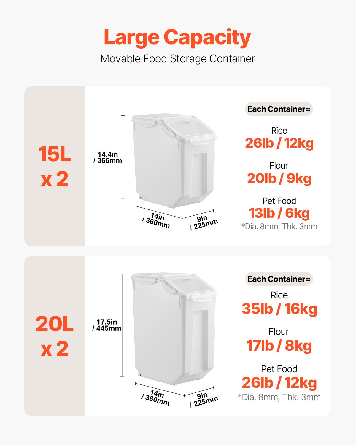 VEVOR 15Lx2 + 20Lx2 Ingredient Storage Container Airtight Kitchen Flour Bin