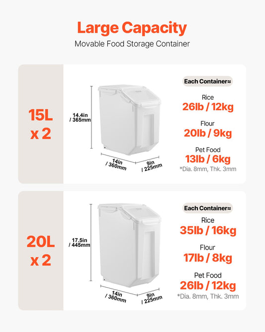 VEVOR 15Lx2 + 20Lx2 Ingredient Storage Container Airtight Kitchen Flour Bin