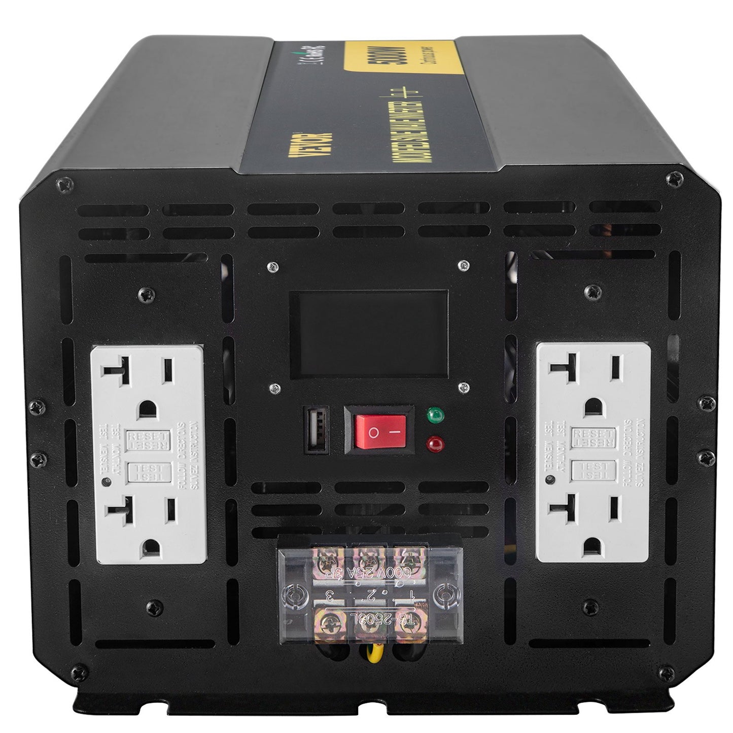 Energy Converter, 5000W Modified Wave Transformer, 12V DC to 110V AC Vehicle Adapter, featuring LCD Screen, Remote Control, LED Light, and GFCI Sockets for RVs, Trucks, Boats, and Outdoor Adv