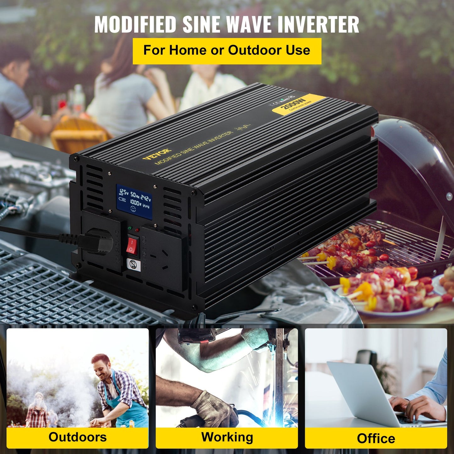 VEVOR Power Inverter Modified Sine Wave Inverter 2000W DC 12V to AC 240V w/LCD