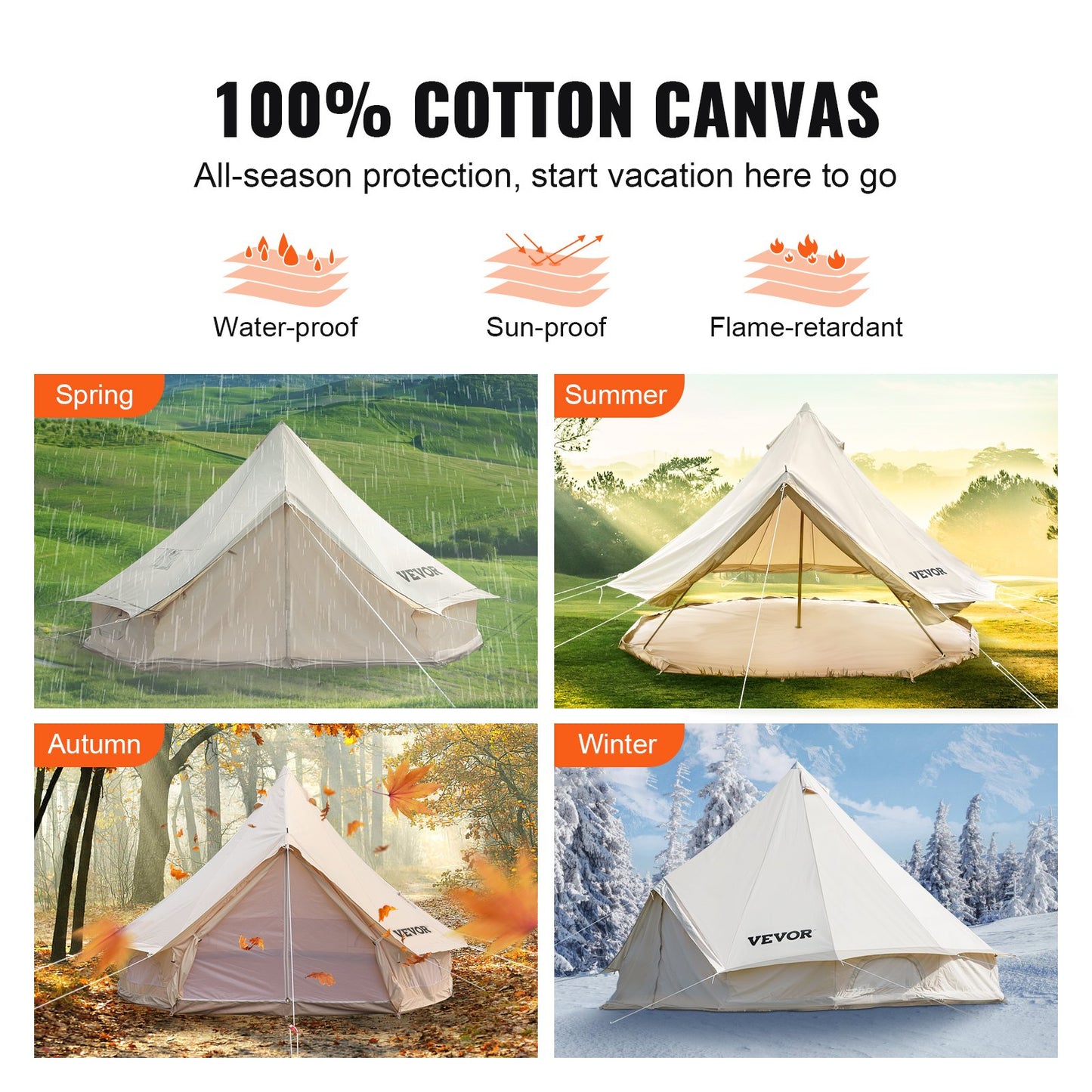 4-Season 8-10 People Large Waterproof Cotton Canvas Bell Tent With Stove for Camping