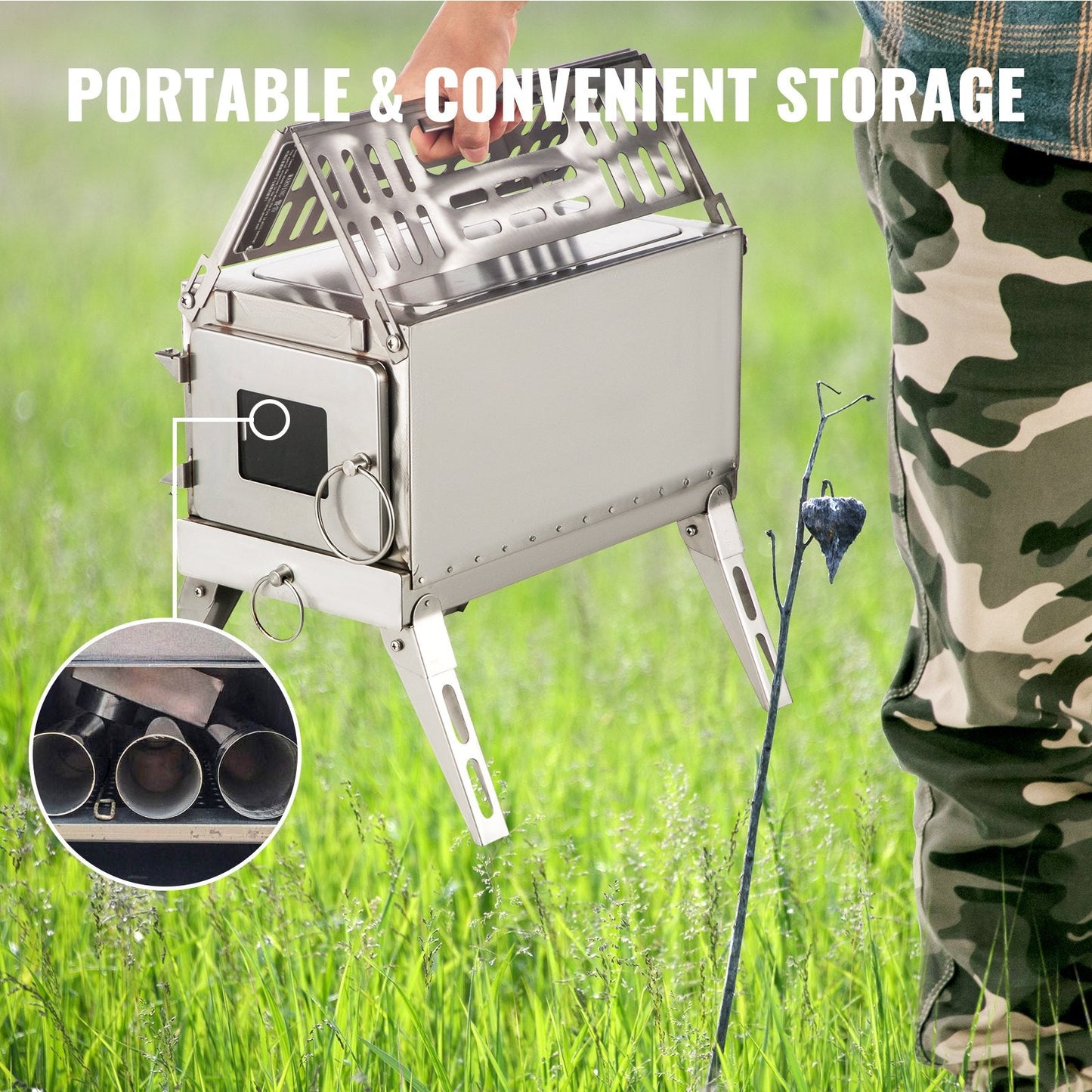 Portable 304 Stainless Steel Tent Wood Stove with Chimney for Outdoor Use
