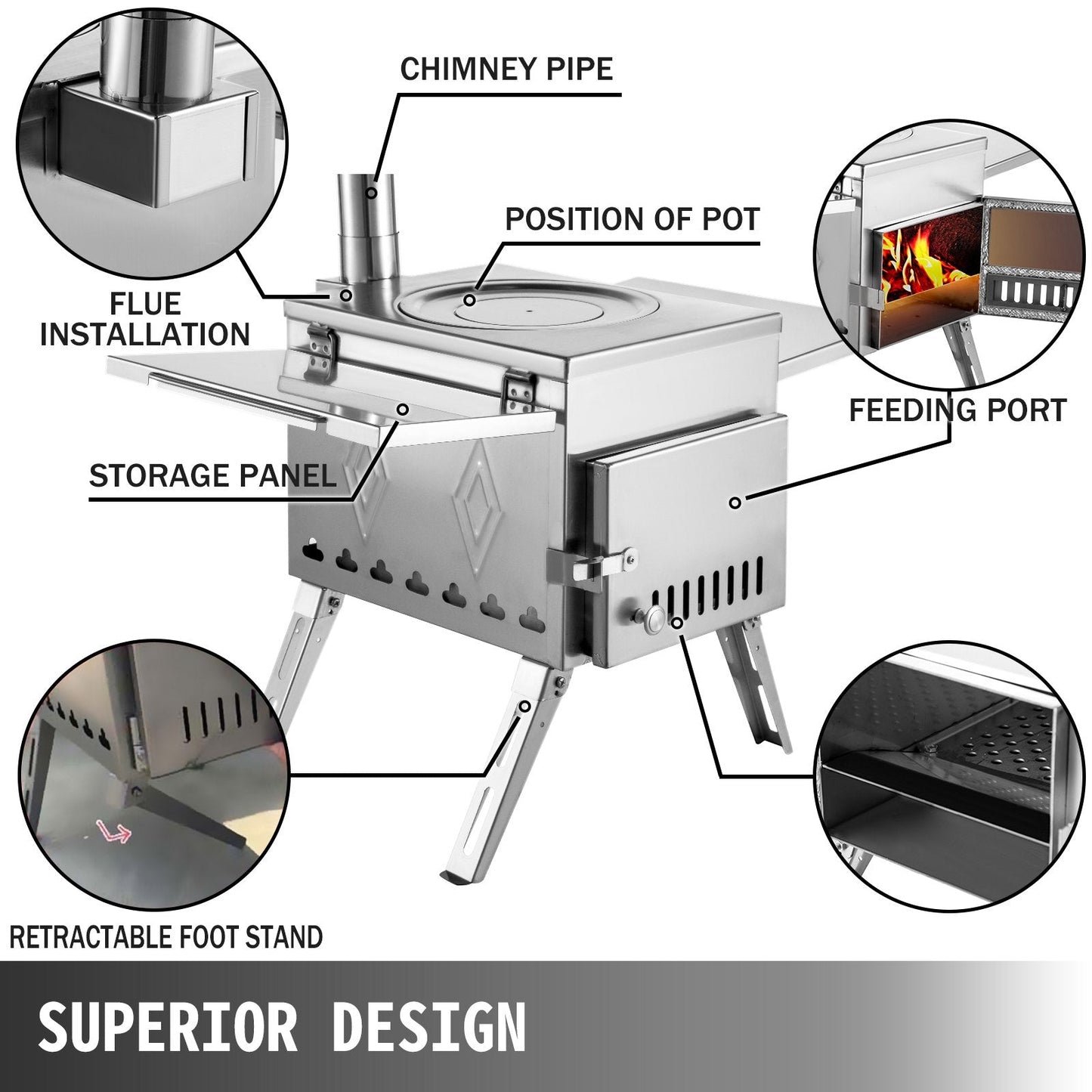 Portable Stainless Steel Wood Burning Stove for Camping with Chimney Pipe