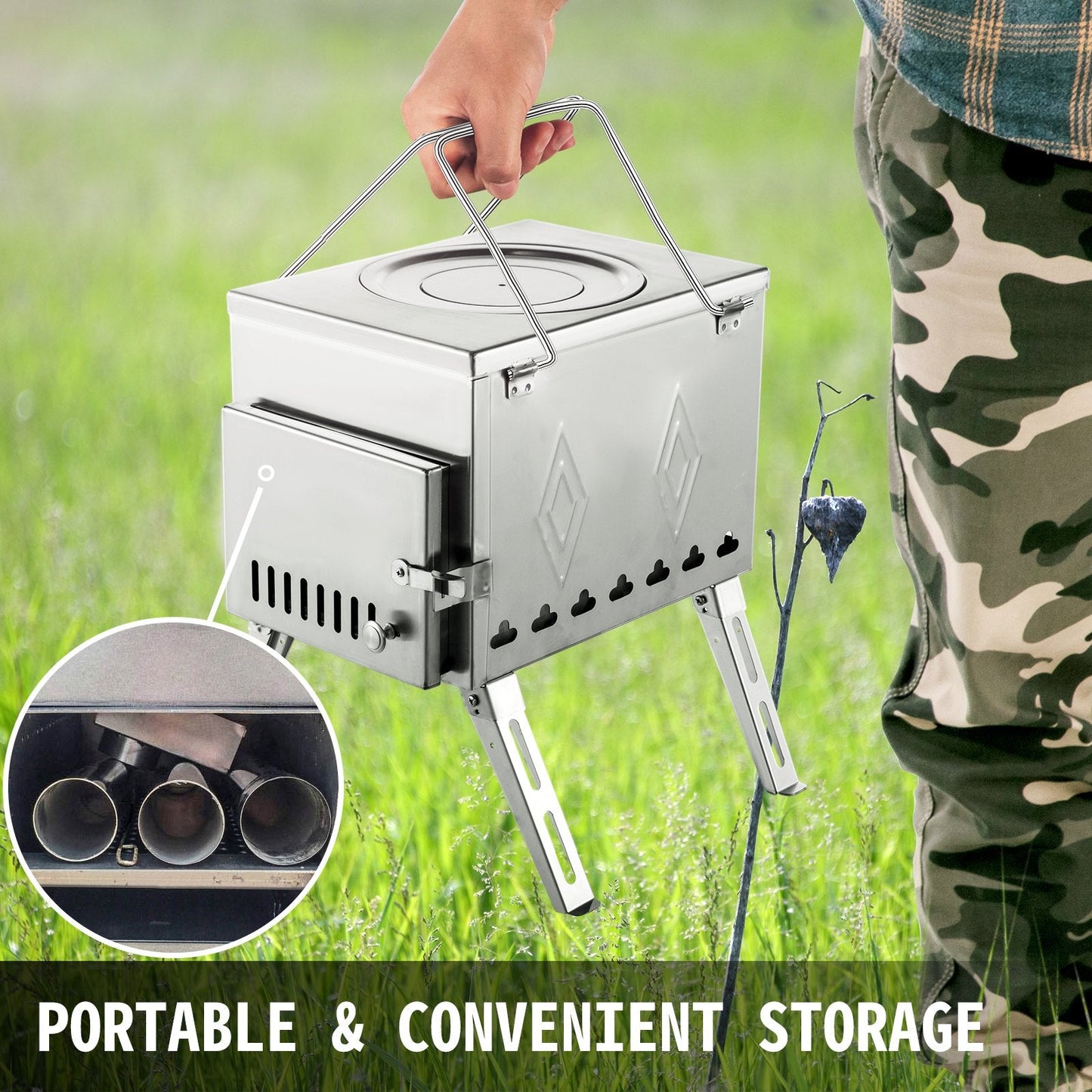 Portable Stainless Steel Wood Burning Stove for Camping with Chimney Pipe