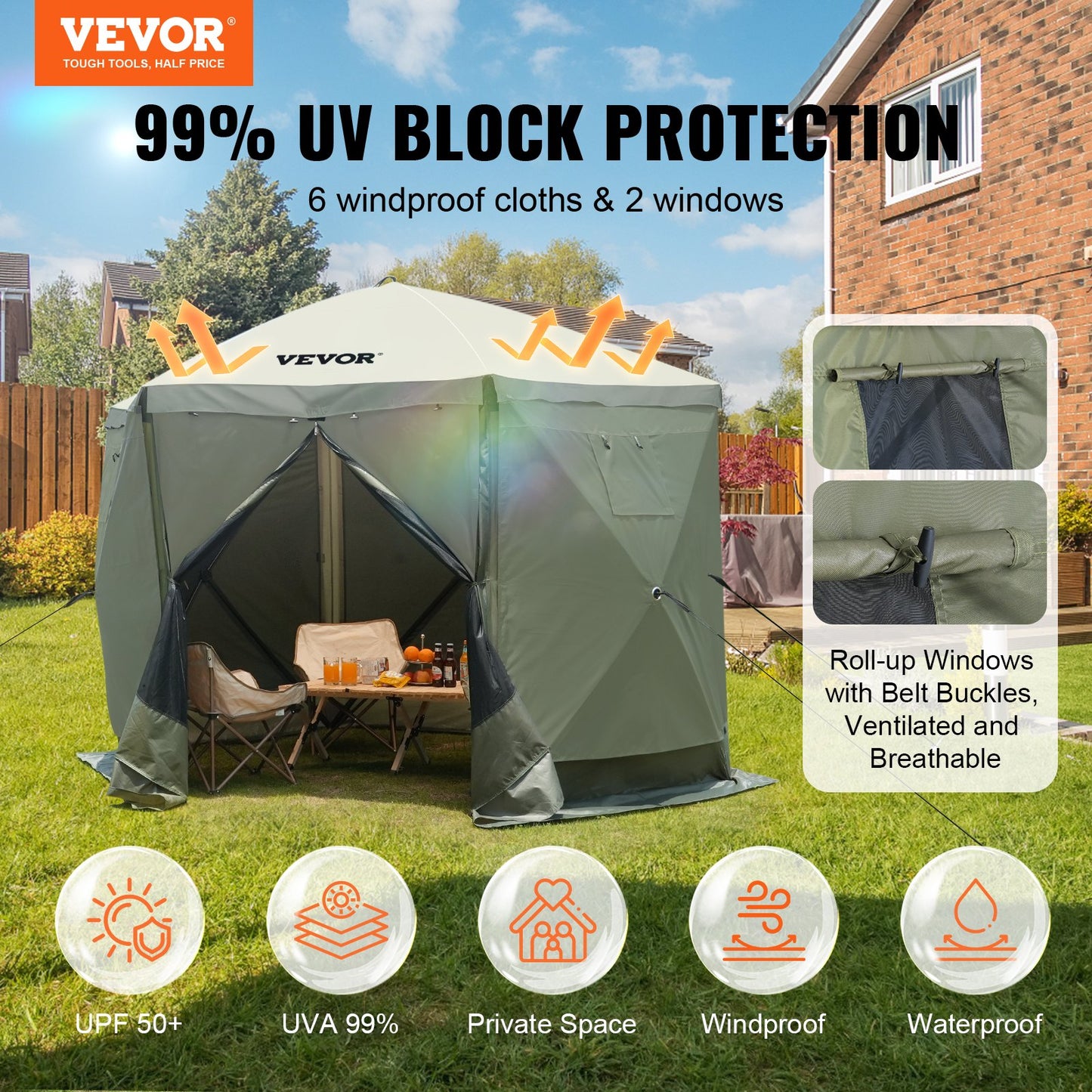 VEVOR Pop Up Gazebo Tent, Pop-Up Screen Tent 6 Sided Canopy Sun Shelter with 6 Removable