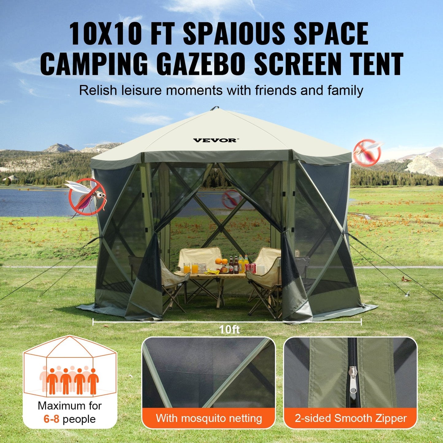 6-Sided Pop-Up Gazebo Tent with Removable Panels, 3.05m, Army Green