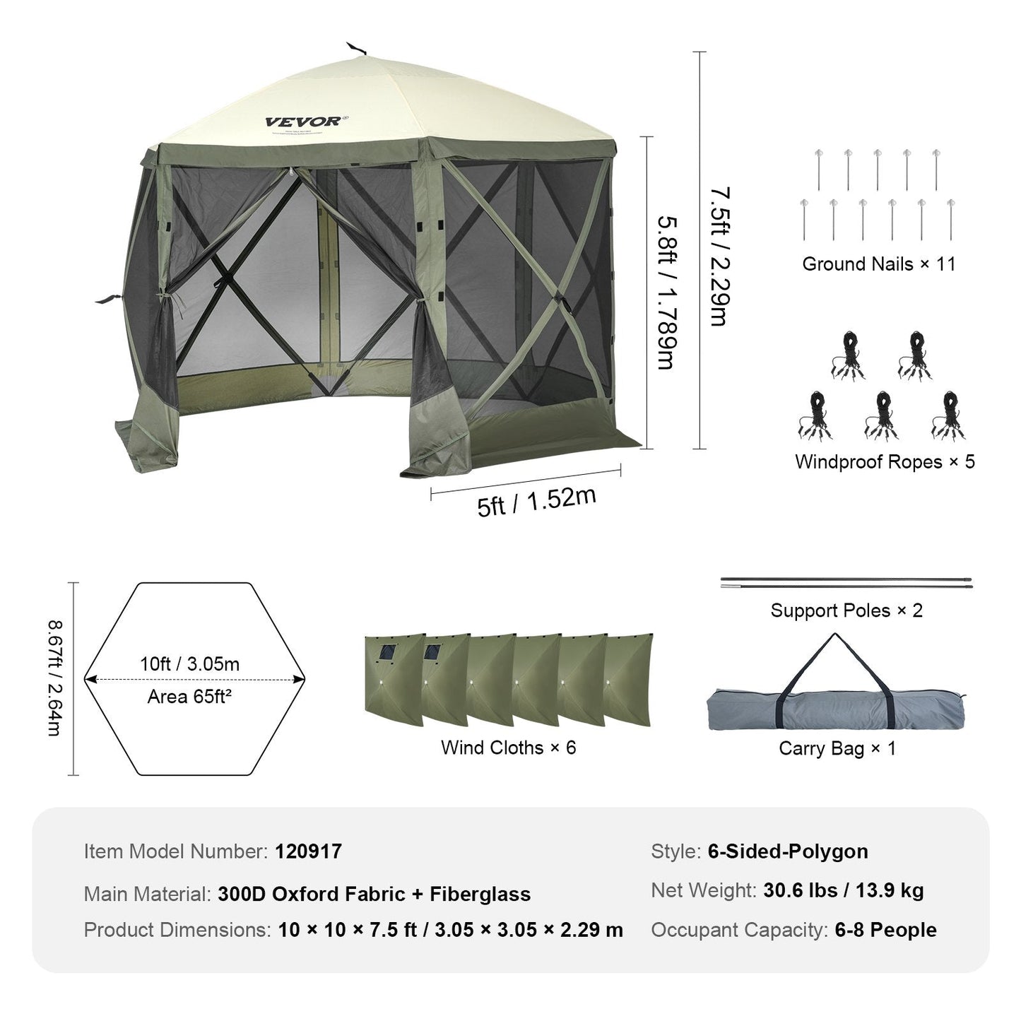 6-Sided Pop-Up Gazebo Tent with Removable Panels, 3.05m, Army Green