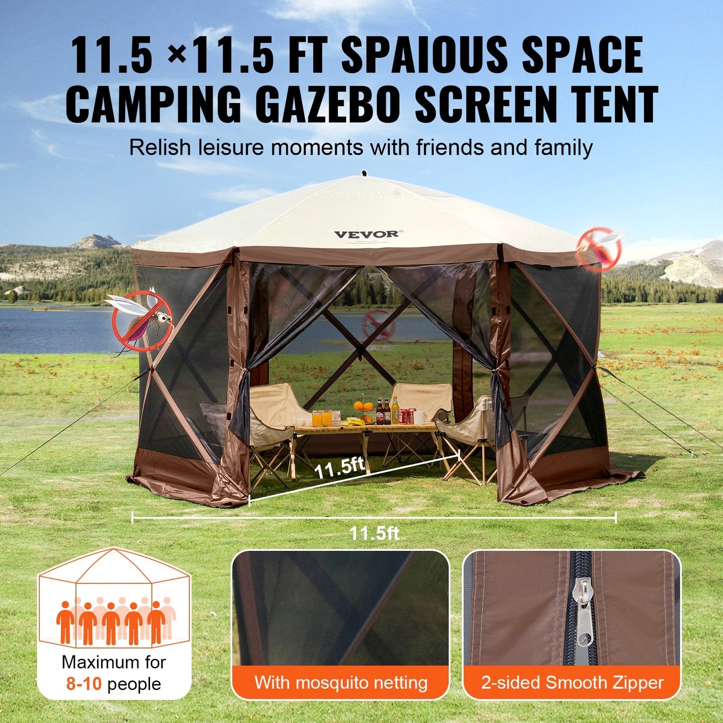 6-Sided Pop-Up Gazebo Tent with Mosquito Netting and Privacy Panels, Brown