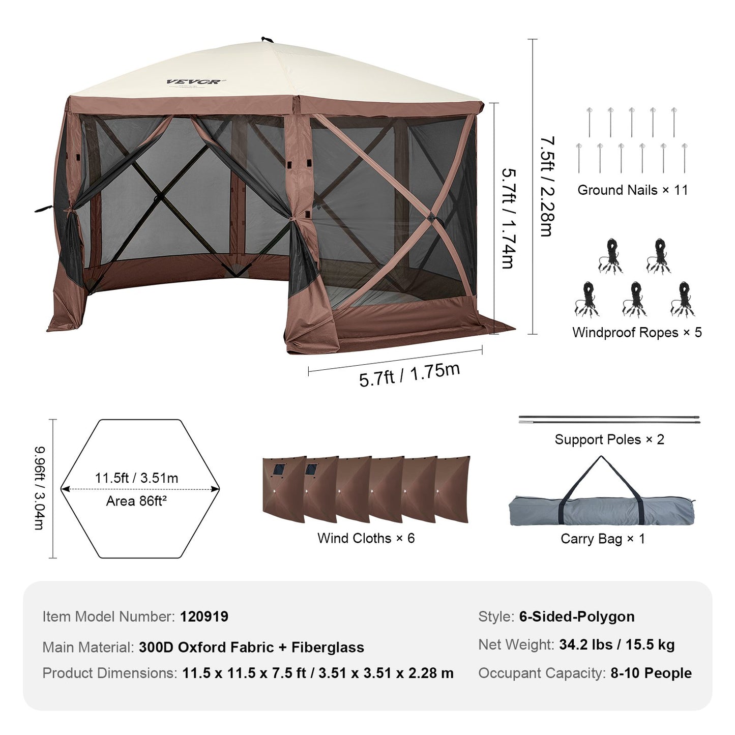 VEVOR Pop Up Gazebo Tent, Pop-Up Screen Tent 6 Sided Canopy Sun Shelter with 6 Removable